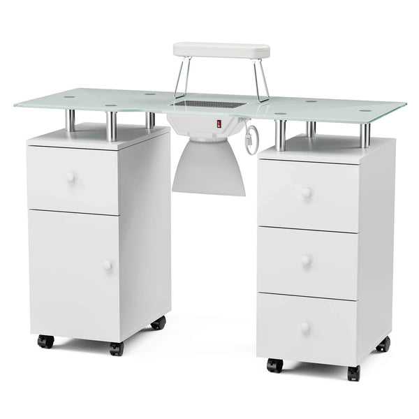 Paddie Glass Top Manicure Table, dust collector, multi-drawers