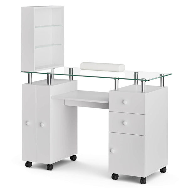 Paddie Glass Top Nail Table, multi-layer shelves, lockable wheels