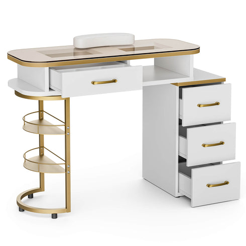 Paddie Glass Top Manicure Table, visual design, metal frame