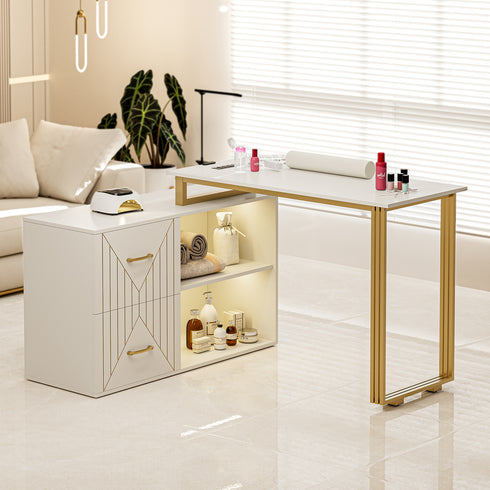 Paddie Nail Table with Large Drawers, LED light