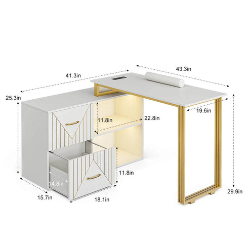 Paddie Nail Table with Large Drawers, LED light