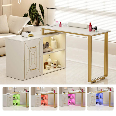 Paddie Nail Table with Large Drawers, LED light