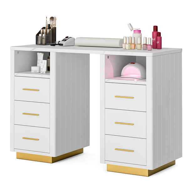 Paddie Nail Table with 6 Drawers, marble top