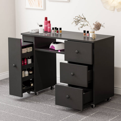 Paddie Nail Table, 4-tier shelves, 3 drawers, lockable wheels