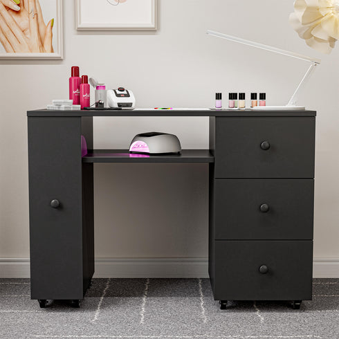 Paddie Nail Table, 4-tier shelves, 3 drawers, lockable wheels