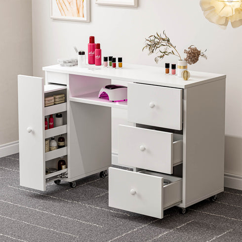 Paddie Nail Table, 4-tier shelves, 3 drawers, lockable wheels